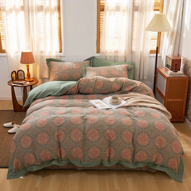 三百夜2022新款A类双层纱四件套宽边拼角款被套轻奢精梳床上用品