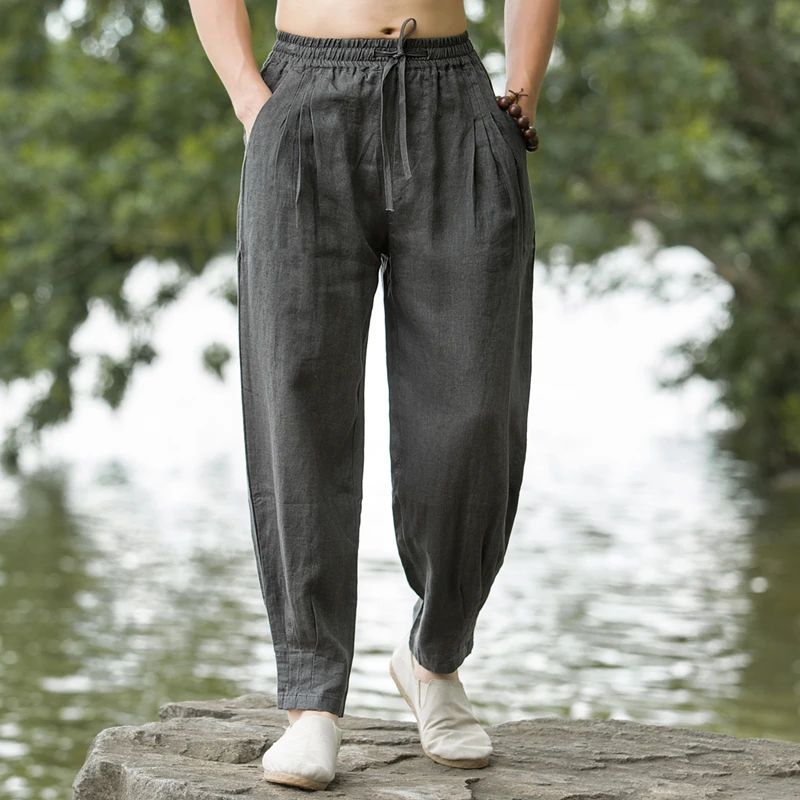 高端纯亚麻休闲裤男夏季薄款灯笼裤复古中国风男装宽松小脚哈伦裤