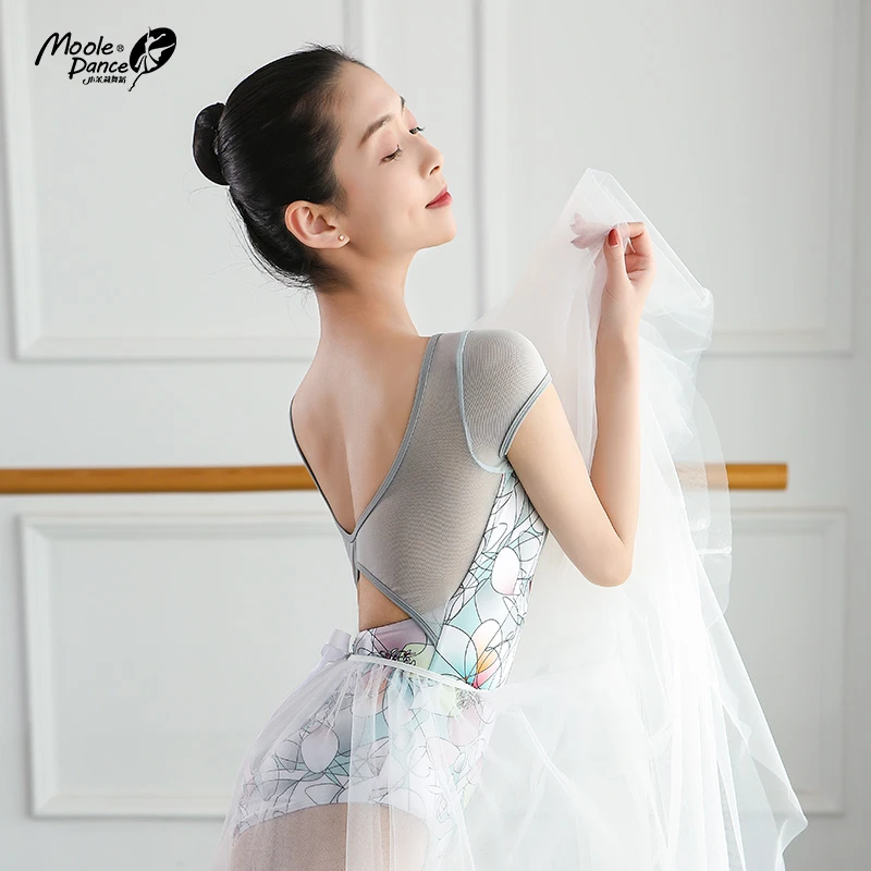 小茉莉芭蕾舞练功服女成人抽象印花舞蹈服艺术体操服网纱连体服