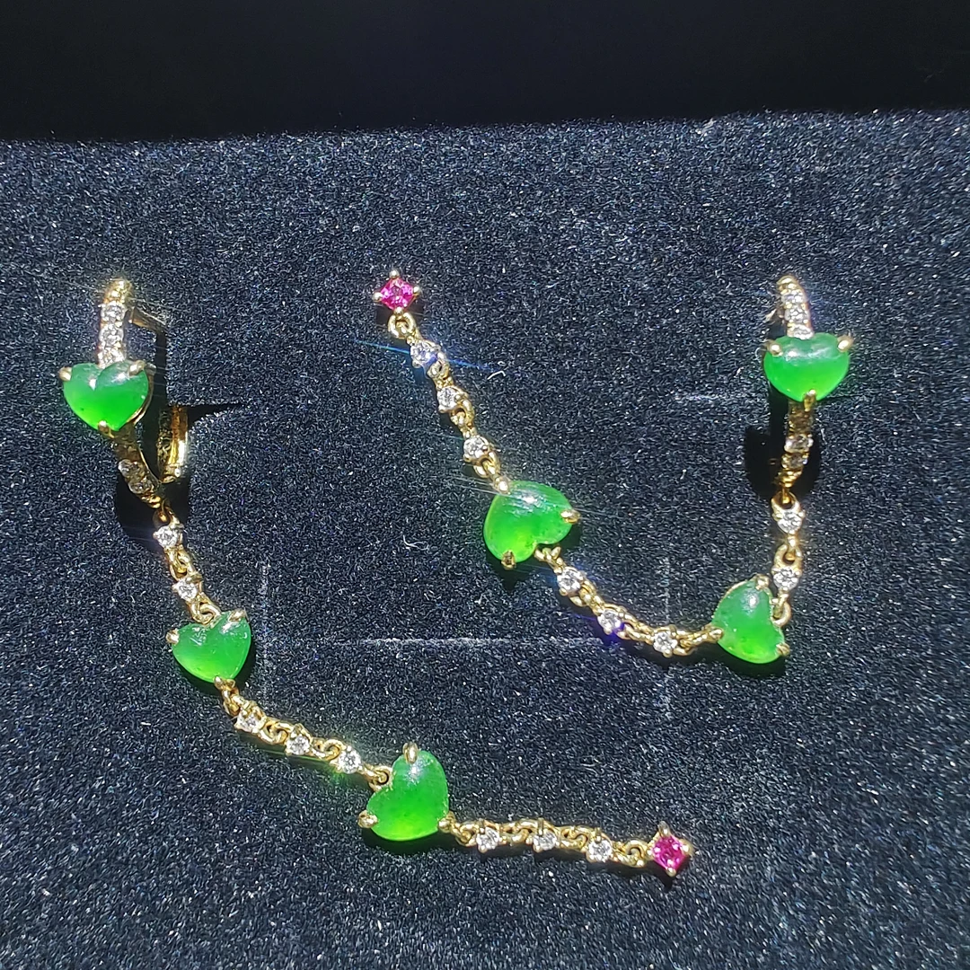 蜜桃花18k真金天然阳绿心型翡翠耳坠耳扣婚嫁翠绿不扎显脸小桃心