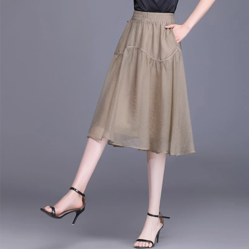 暮云纱裙a字裙女夏季薄2025新款蓬蓬松紧腰半身裙中长显瘦大摆裙