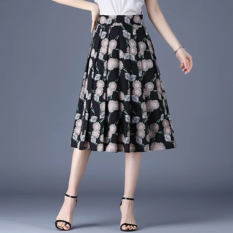 半身裙女夏季优雅印花百褶裙子2025新款气质中长款高腰显瘦a字裙