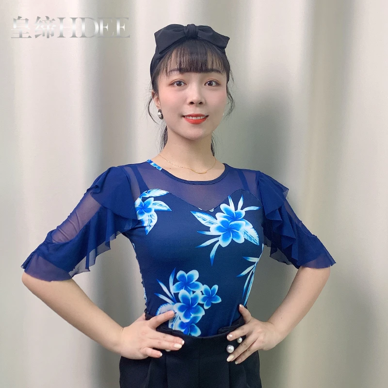 皇缔舞伊摩登舞新款上衣时尚印花网纱袖国标舞交谊舞服跳吉特巴舞