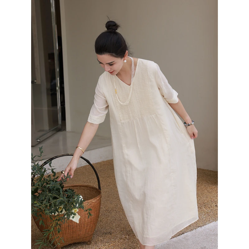 麻霖文艺女装夏季新品100支苎麻双层风琴褶V领显瘦清凉连衣裙