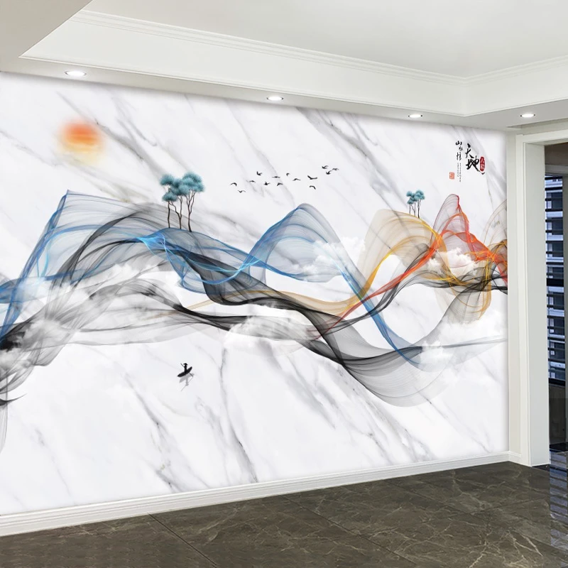 3D电视背景墙壁画影视墙壁纸客厅18D墙纸现代线条山水画壁布墙布