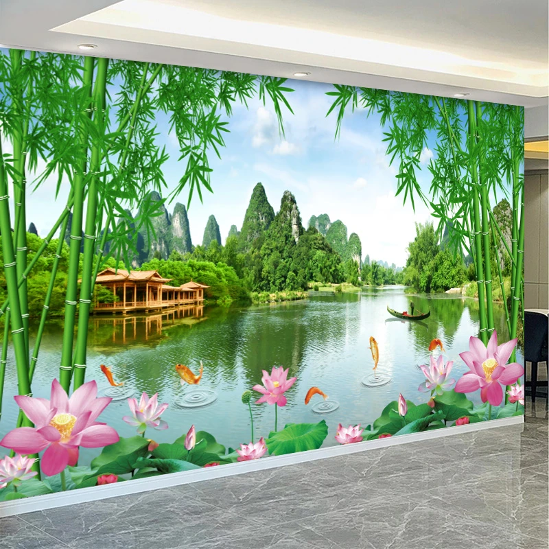 3D立体电视背景墙壁布客厅影视墙壁纸18D墙纸壁画中堂画竹子墙布