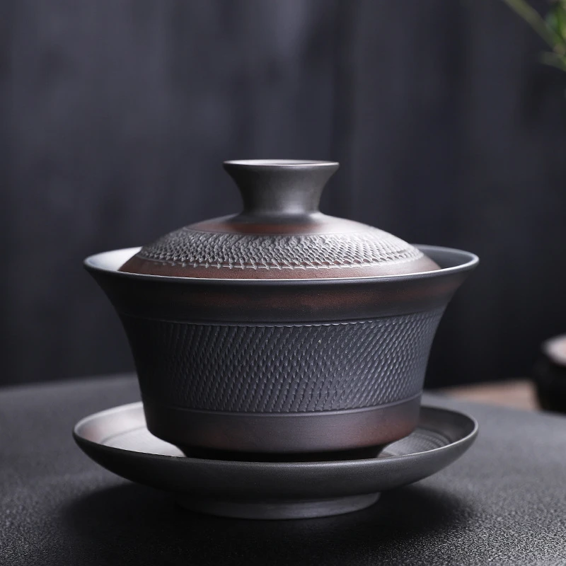 紫陶三才盖碗茶杯大号家用紫砂手工泡茶碗陶瓷功夫茶具