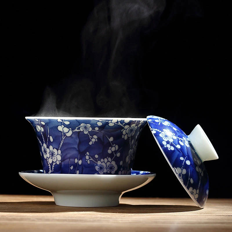 青花瓷青花冰梅盖碗大号陶瓷茶杯三才茶碗功夫茶具泡茶碗茶礼品