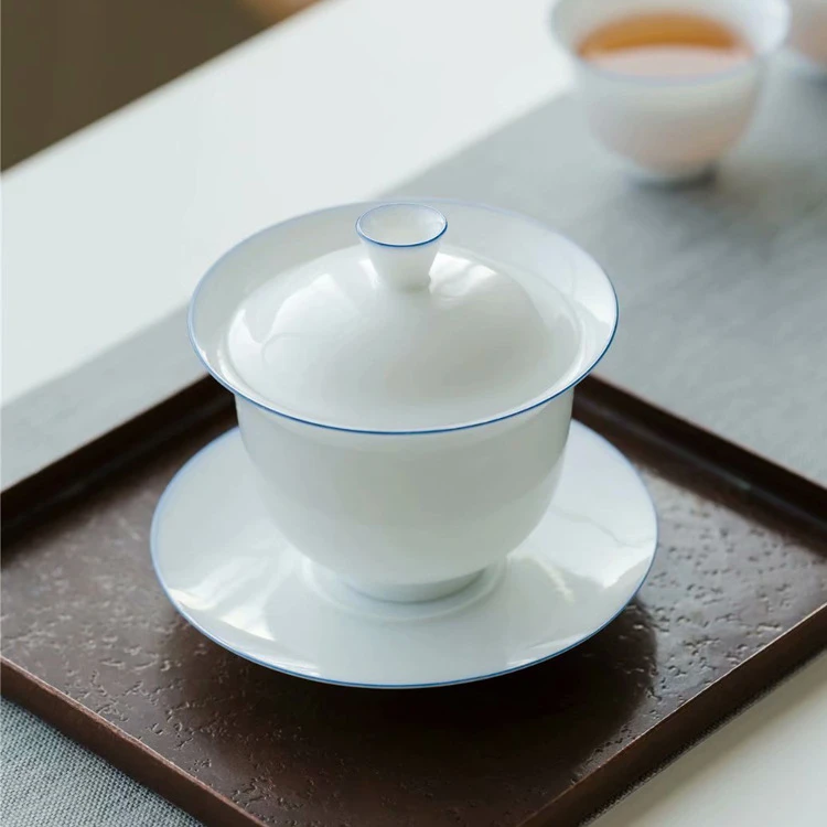 白瓷手工三才盖碗茶杯甜白单个薄胎陶瓷茶碗功夫茶具套装