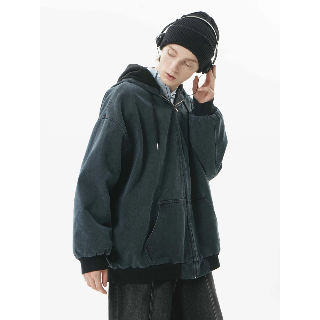 Song41原创复古连帽棉衣外套男秋冬水洗做旧休闲日系加厚卫衣棉服