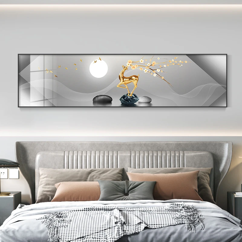 呦呦鹿鸣轻奢卧室装饰画主卧房间床头挂画招财鹿现代简约晶瓷壁画