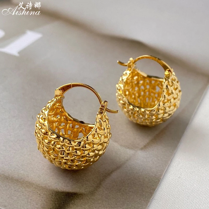 艾诗娜 铜合金耳饰 法式欧美冷淡风编织镂空设计百搭耳环E115