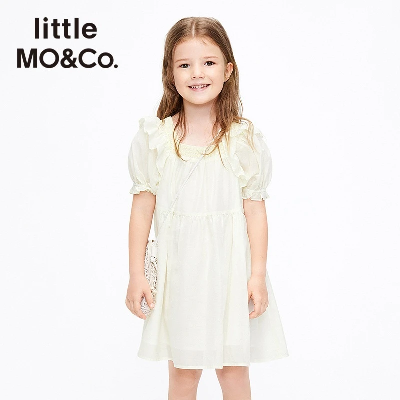 littlemoco童装夏季泡泡袖短袖连衣裙洋气白色公主裙#KBB2DRS034