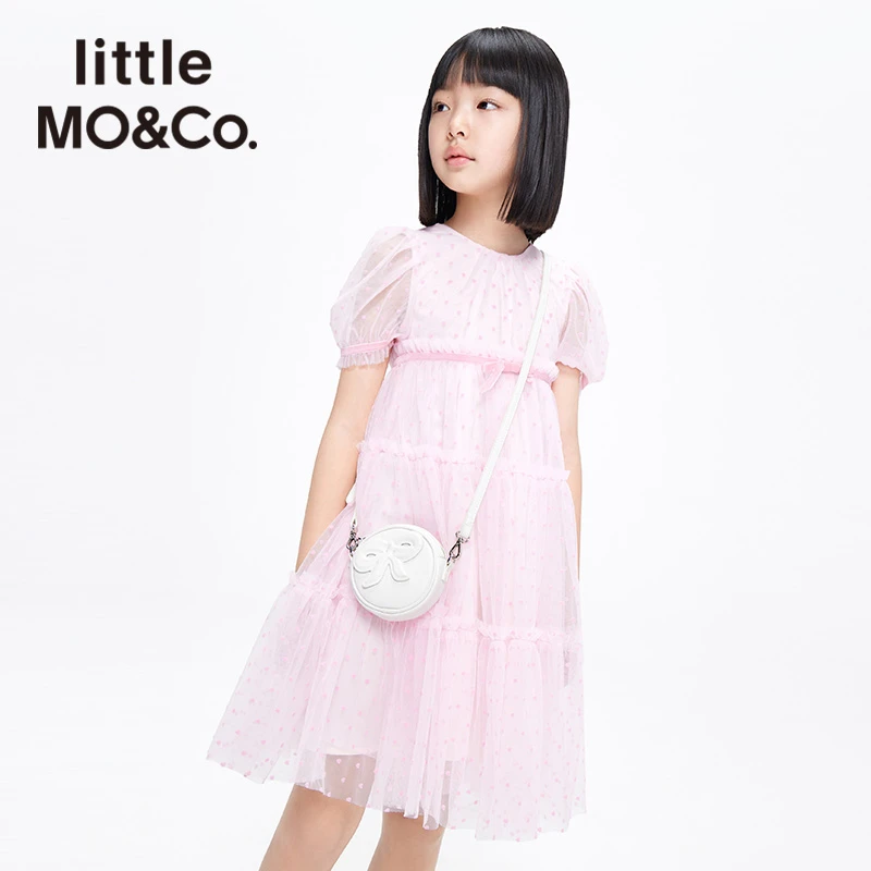 little moco童装夏季新款女童短袖长款波点连衣裙甜美#KBB2DRST11