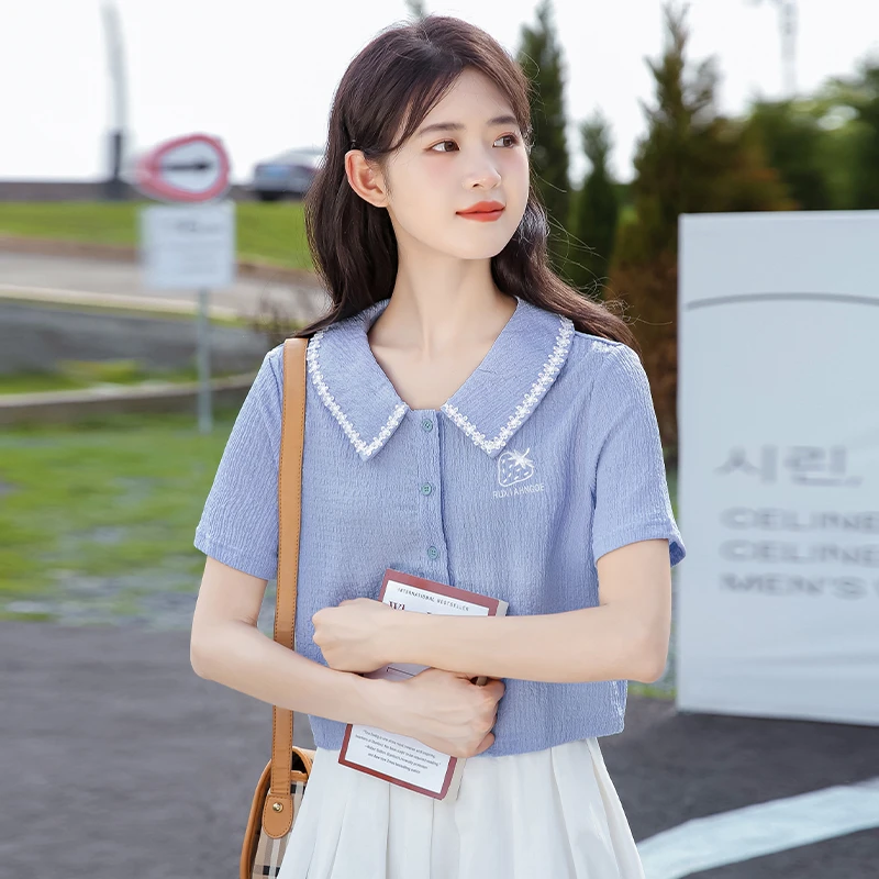 JIANWEN/简温2025夏季新款设计感上衣蓝色短款刺绣翻领短袖衬衫