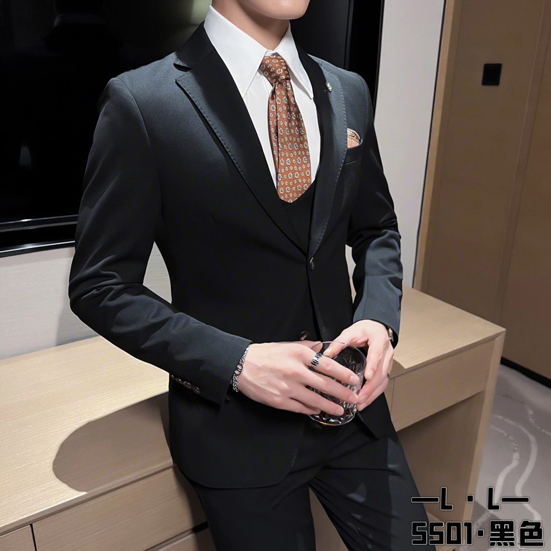 修身西服三件套套装休闲男士时尚潮流主持宴会婚礼西装百搭秋季