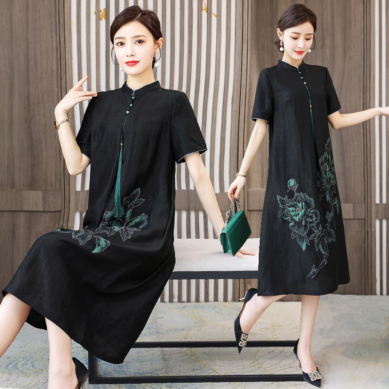 1888#龟纹连衣裙女高端专柜新款年轻款大码气质夏季复古宽松中式