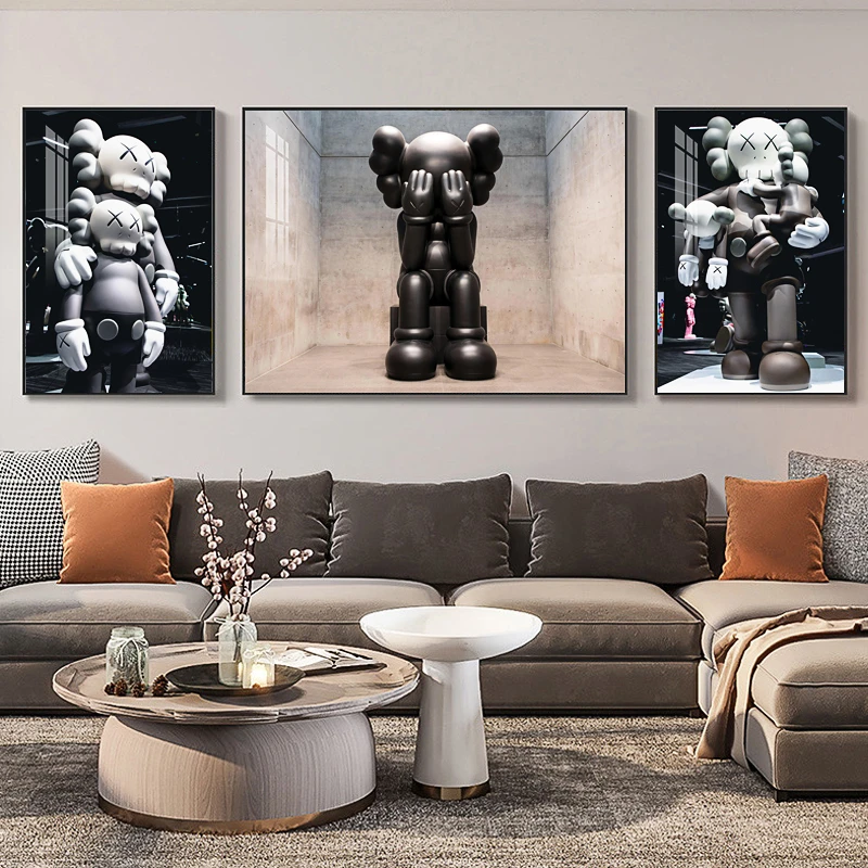 现代轻奢客厅装饰画kaws暴力熊挂画沙发背景墙壁画大气高级三联画