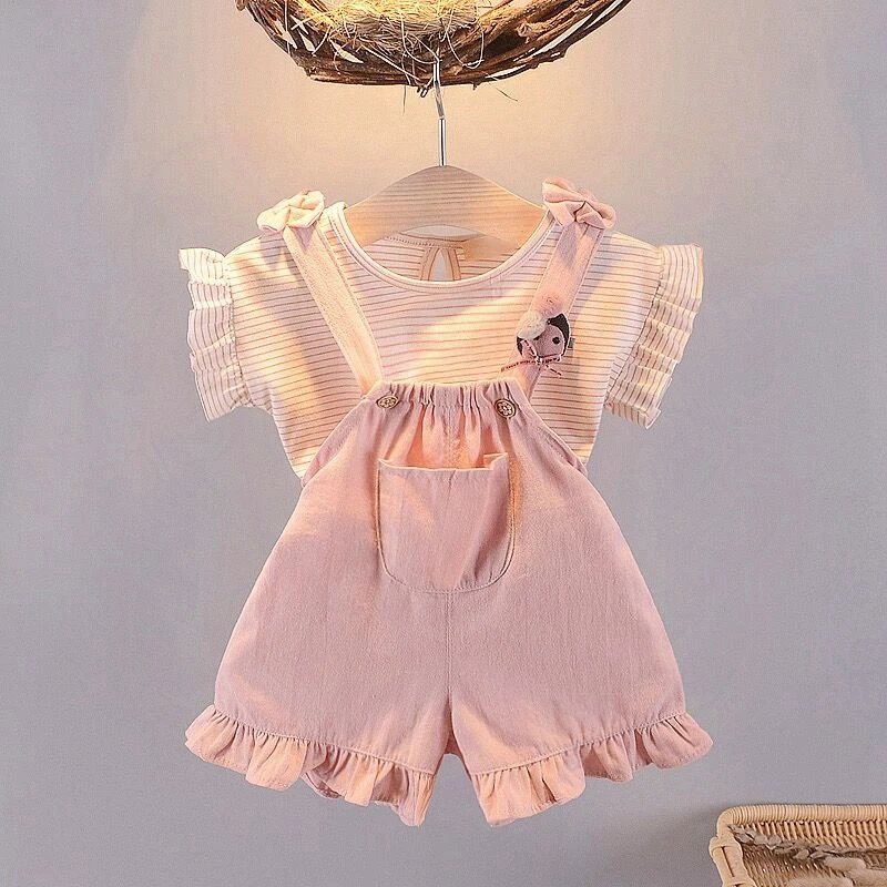 童装女童套装2025新款夏季洋气短袖T恤1-3岁中小童背带短裤两件套