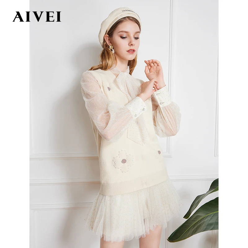 AIVEI新钉珠花朵背心毛衣连衣裙两件套P0160041