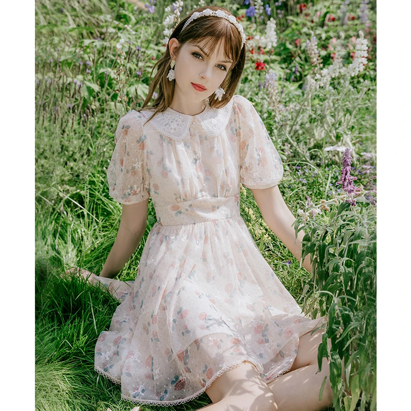 【赵老板专属】AIVEI初恋小清新绣花领印花网纱连衣裙P0360144