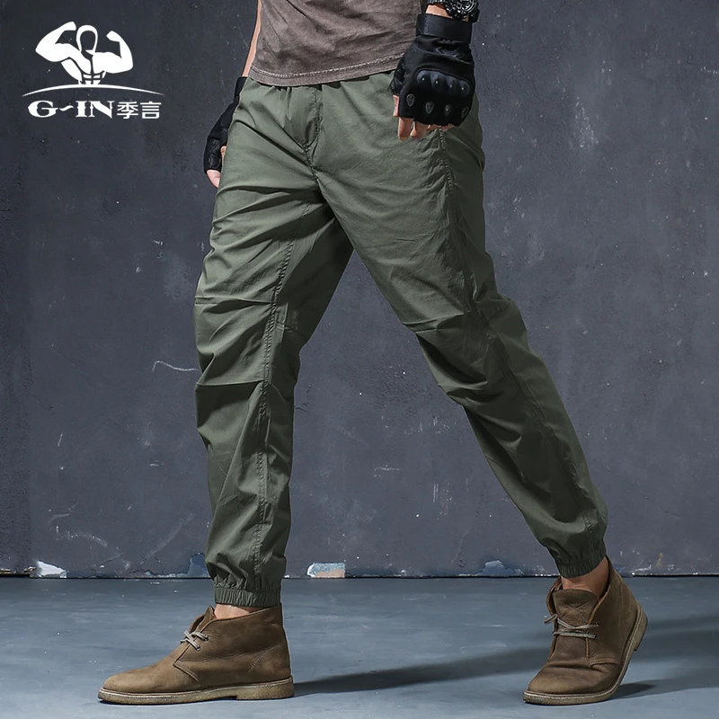 季言男裤子2025新款潮夏季运动束脚裤男潮牌 薄款速干弹力工装裤