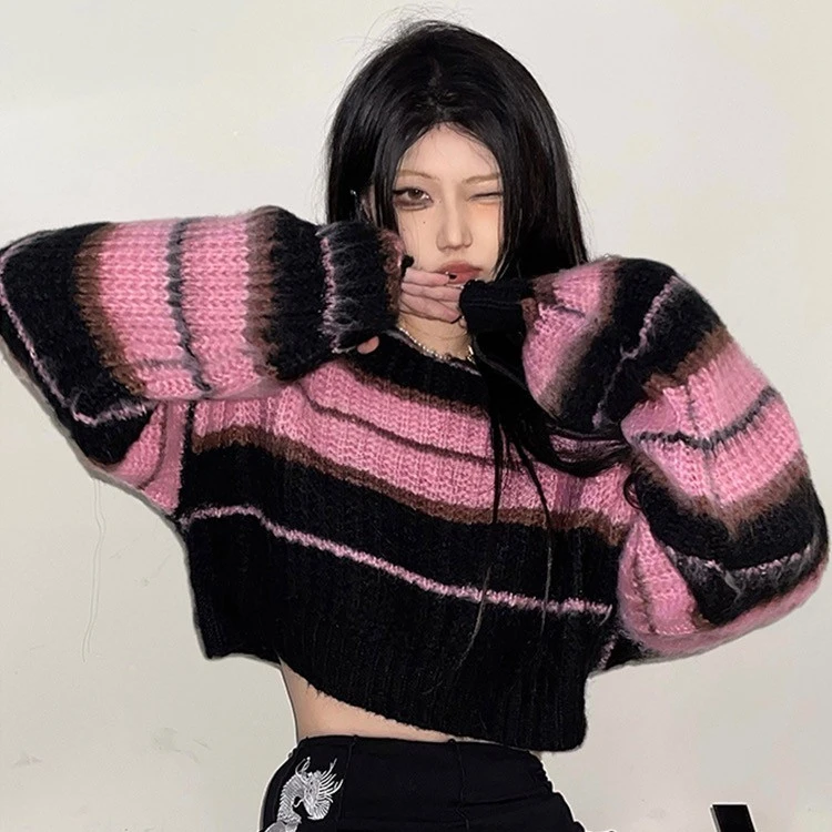 KLIOU 甜辣风撞色设计长袖条纹上衣宽松百搭套头针织衫M22L12487