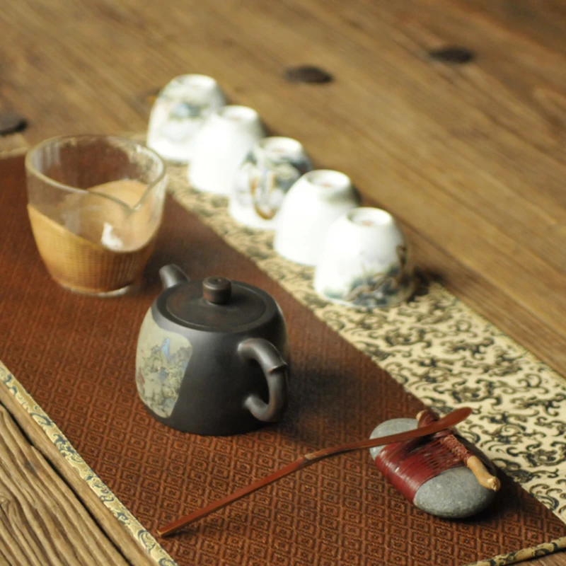 菱形纹大漆藤席宋锦茶席茶具配件