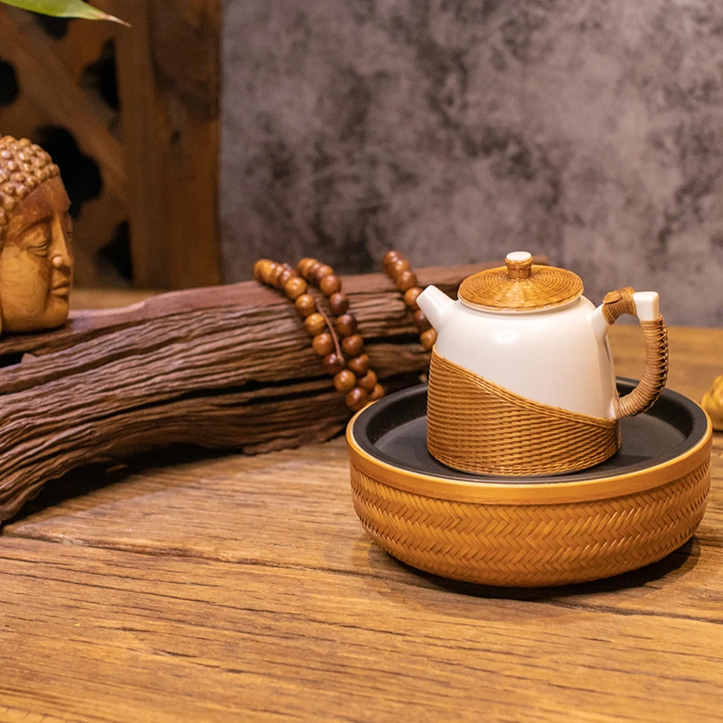 篾编碗形陶瓷壶承茶具茶道配件古朴高级典雅通用商场