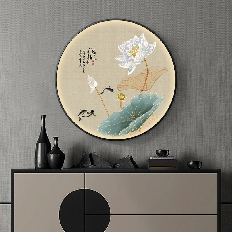 【高质】圆形装饰画新中式禅意荷花餐厅装饰画玄关卧室客厅过道挂画