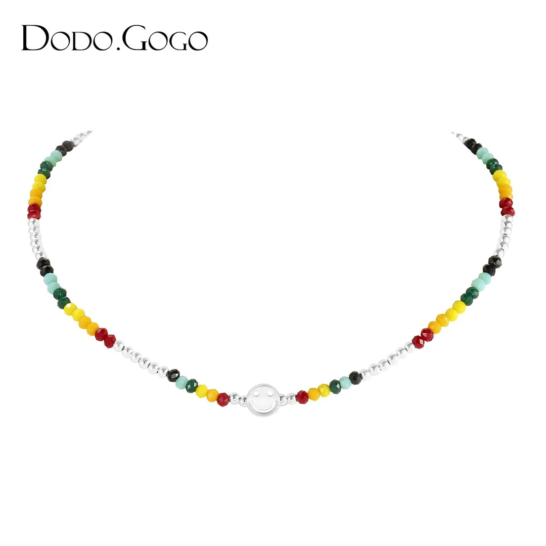 DODOGOGO 合金仿水晶项链 彩珠笑脸项链 小清新时尚百搭嘻哈颈链