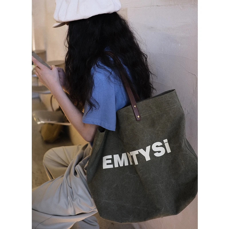 EMPTYSi经典款复古百搭单肩手提帆布包休闲托特大包男女潮流背包