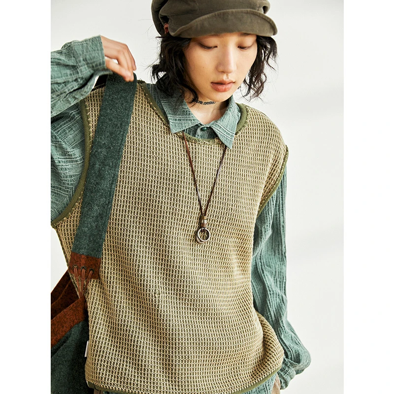 章鱼家【双面复古】百搭休闲设计感无袖针织条纹套头马甲octopus