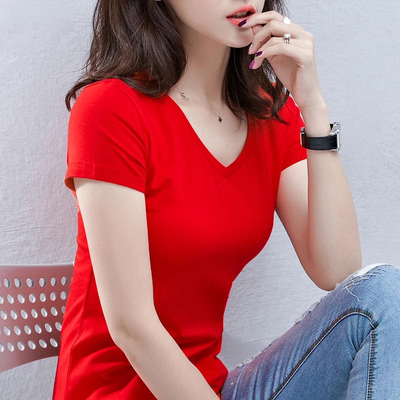 红色v领简约鸡心领t恤女短袖短款修身夏季纯色女士体恤紧身上衣