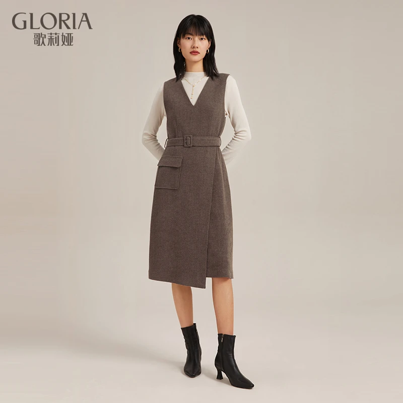 【商场同款】 GLORIA/歌莉娅  冬新品气质显瘦通勤羊毛背心式连衣裙