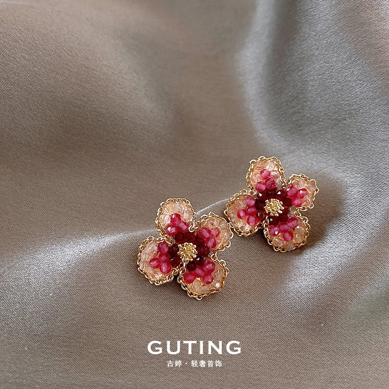 铜合金合成锆石耳饰 10465法式玫瑰红色花朵耳环超仙清新甜美耳饰