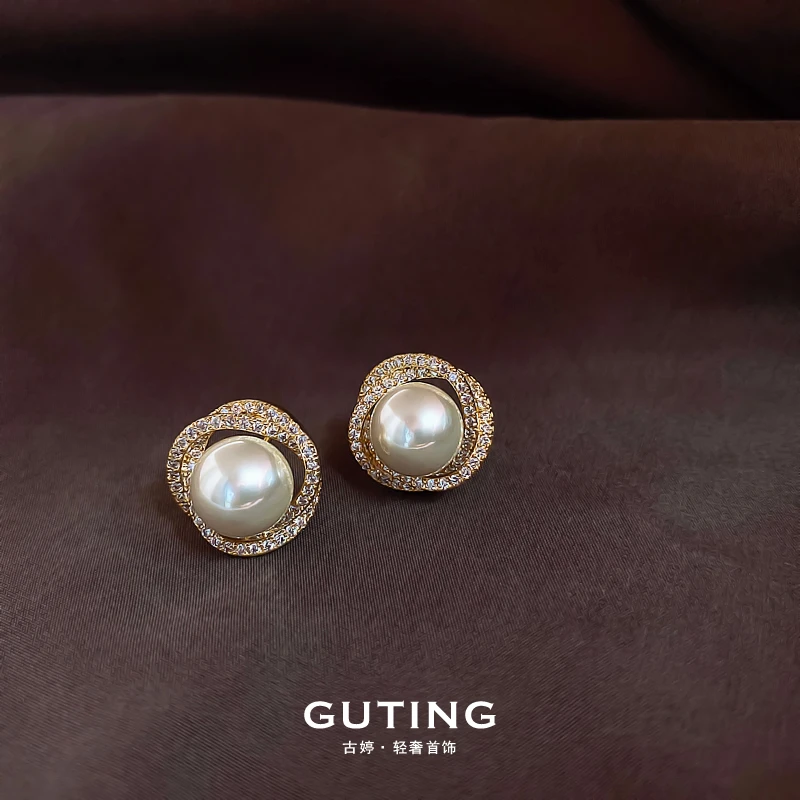 铜合金合成锆石耳饰 6933高级感耳饰瑞丽优雅法式复古珠耳环首饰