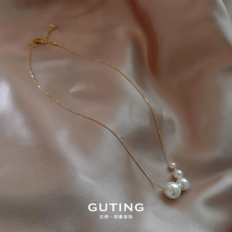 铜合金项链 4435优雅法式珠珠项链小众高级感首饰复古颈链锁骨链