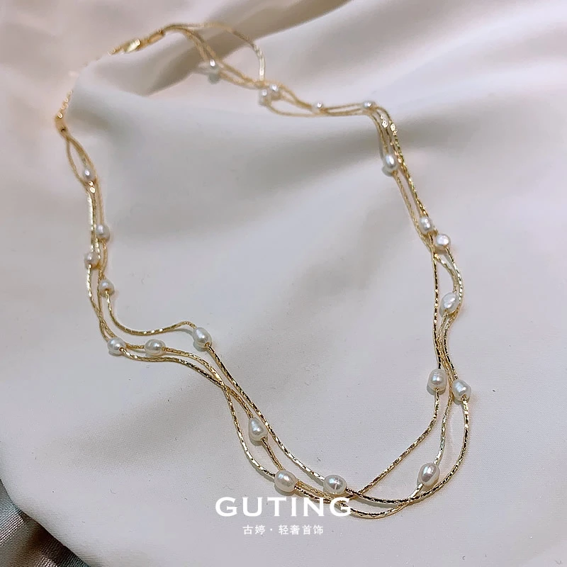 铜合金项链 3769（巴洛克珠）高级波纹简约大气饰品多层叠戴项链