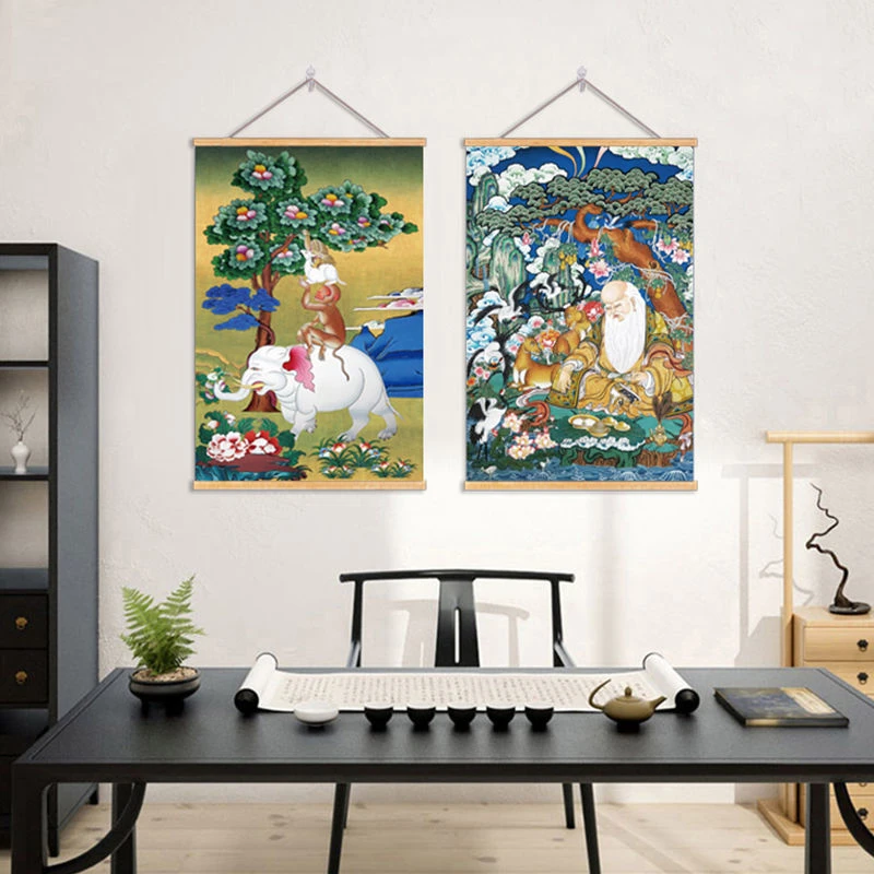 和气四瑞藏传唐卡艺术挂画客厅玄关装饰画藏族六长寿图中堂挂轴画