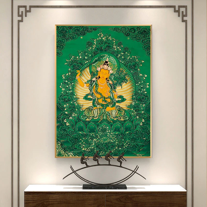 绿色唐卡挂画藏传艺术装饰画玄关客厅中堂画文殊普贤大势至画像