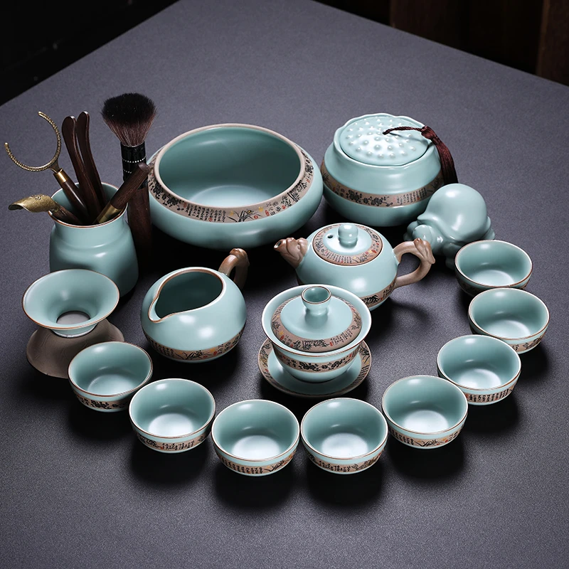 汝窑竹韵功夫茶具家用可养泡茶工具一整套陶瓷茶壶泡茶壶简约中式