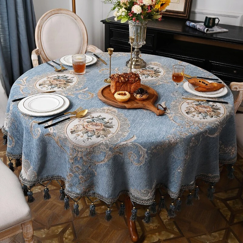 欧式圆桌布家用圆形餐桌布艺高端奢华圆桌台布高档轻奢蓝色雪尼尔
