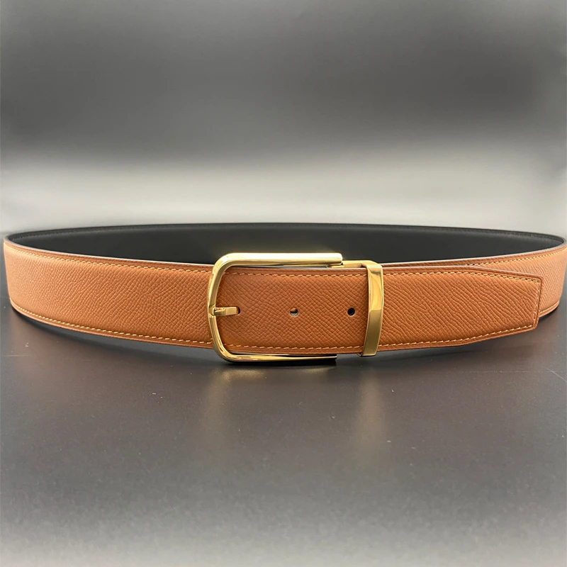 抖音百搭针扣真皮皮带双面头层牛皮手掌纹时尚复古休闲腰带棕色