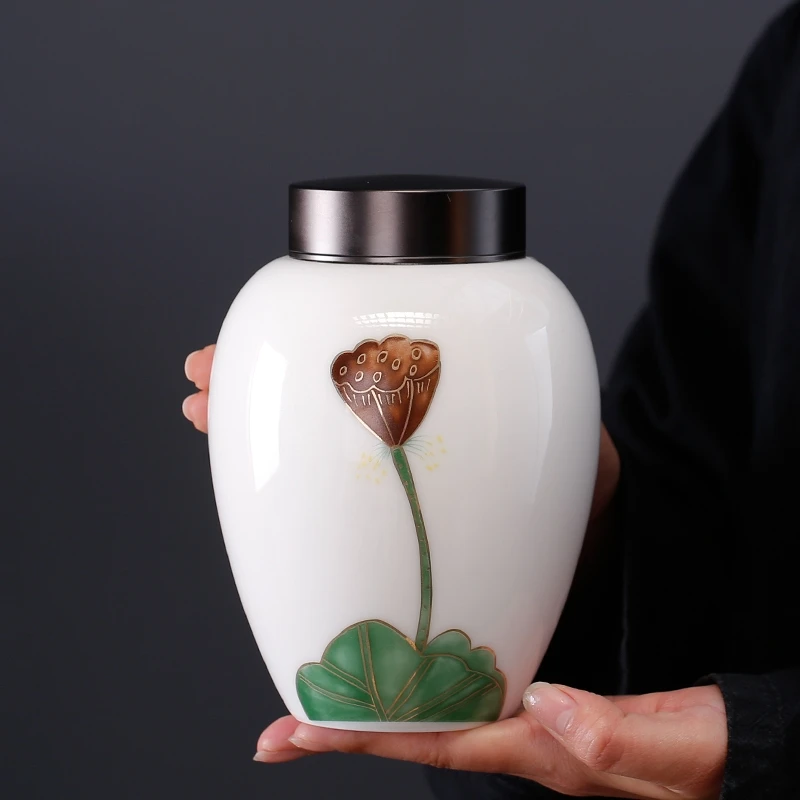 中式羊脂玉瓷高档家用锡盖250克装大号便携茶叶罐密封罐储物罐