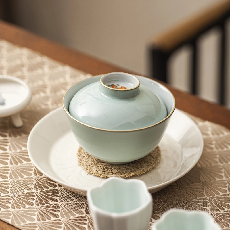 茶诵景德镇手工薄胎平口描金小盖碗莫兰迪120ml单个茶碗带盖家用