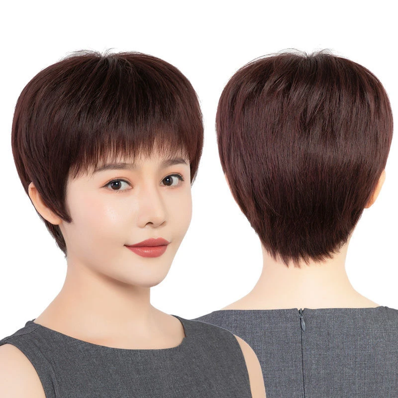 雪桃假发女短发中老年短直发全手织纹理烫假发套逼真透气假发头套