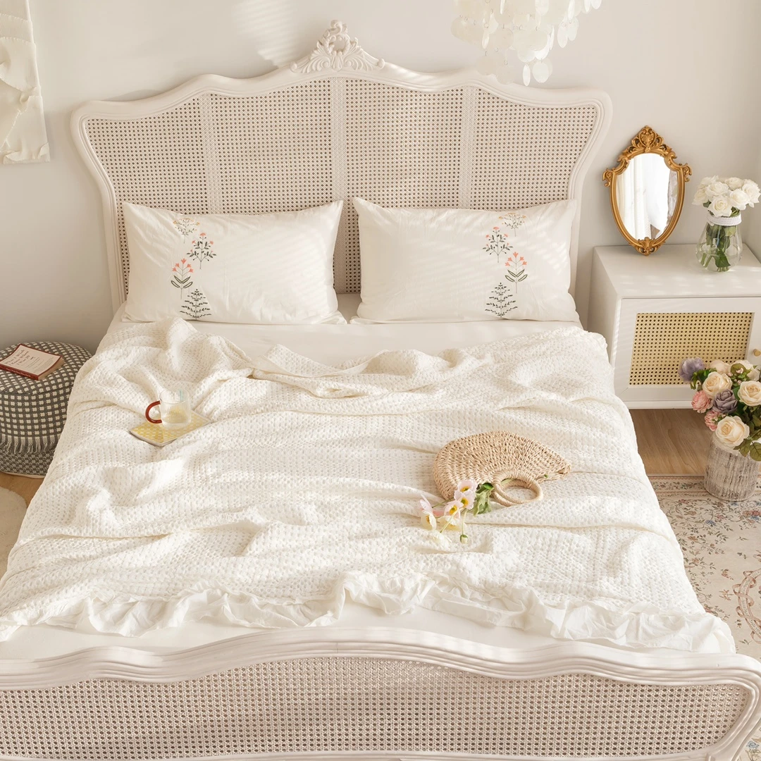 ins同款蜂巢氧气荷叶边夏季用莱赛尔天丝四季多用毯盖毯毯子睡毯