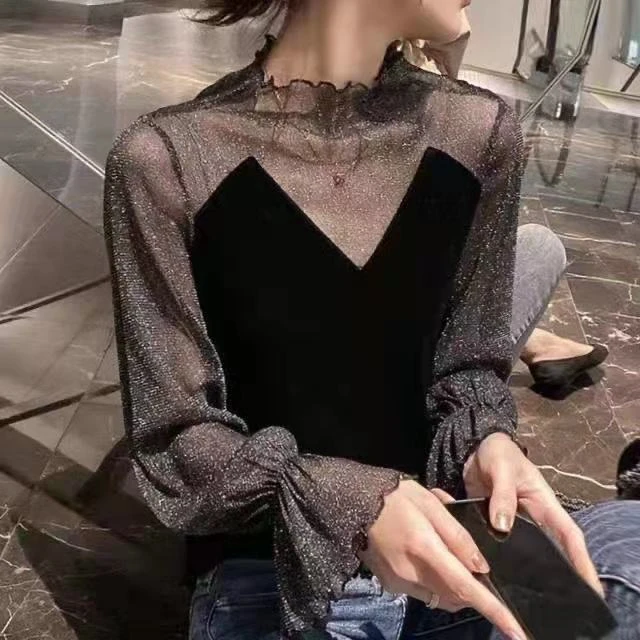 HW005【80-200斤】新款秋冬大码女装蕾丝衫拼接网纱针织时尚洋气