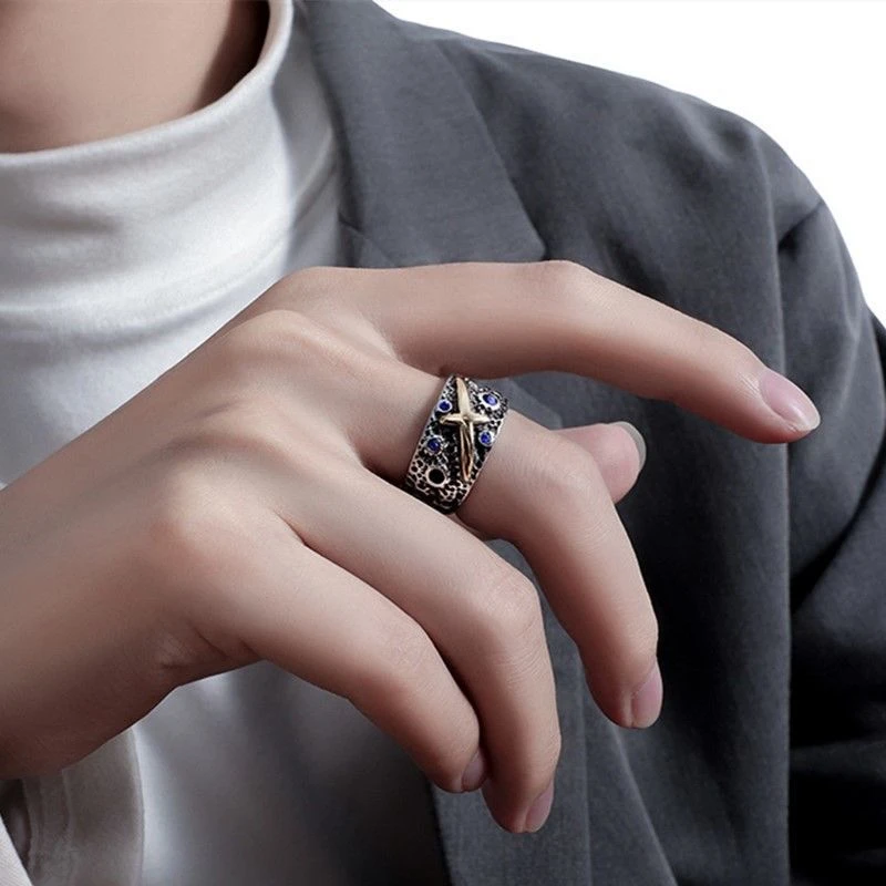 钛钢戒指 韩版星空蓝男士戒指潮男理发师个性街头不掉色钛钢指环